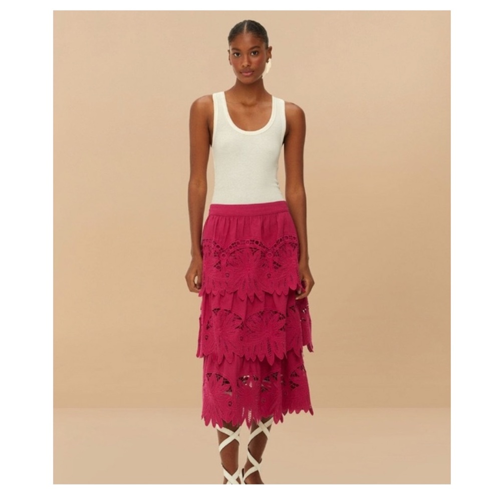 FARM Rio Pink Daisy Embroidered Midi Skirt